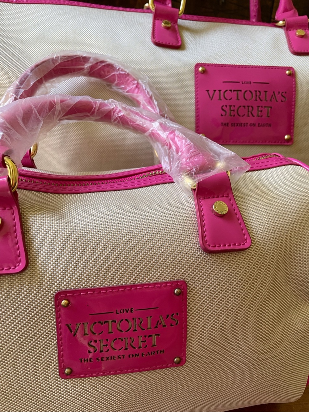 Victoria's Secret Weekender Duffel Bag Canvas Cream Hot Pink Y2K Travel Satchel - Picture 7 of 13